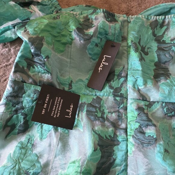 Lulus Luxe Direction Teal Green Floral Jacquard Puff Sleeve Mini Dress XL NWT - Picture 6 of 16